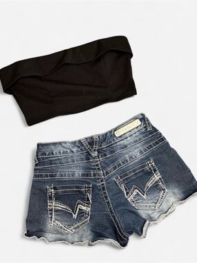 Vanity Dark Blue Distressed Scalloped Hem Denim Shorts